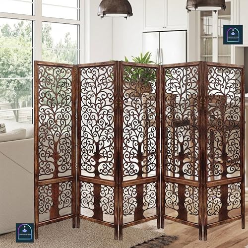 Image of Wooden Room Partition /Screen /Room Divider /Room Separator Traditional Handicrafts 6Ft (Dark Brown) (Tree 5 Panel)