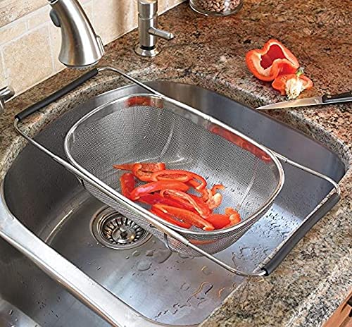 Stainless Steel Adjustable Colander Strainer 13.4X 9.4″ Nonslip Handles Drain Over The Sink Colander Basket Vegetable Fruit Noodles Strainer for Rice Vegetable Fruits and Noodls