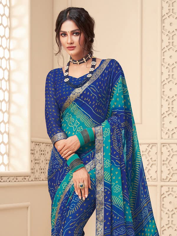 Satrani Women's Lace & Bandhani Printed Chiffon Saree With Unstitched Blouse Piece(2612S2074N_Blue & Turquoise1)