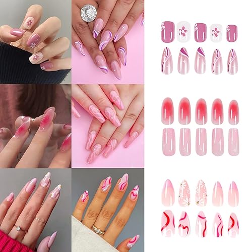 Miniatura 3 de Uñas a presión, 6 paquetes (144 piezas) uñas postizas con pegamento adhesivos, uñas acrílicas de cobertura completa con lengüeta adhesiva de uñas