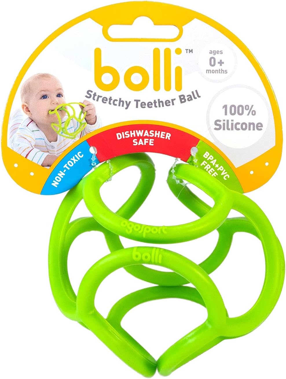 OgoBolli Teething Ring Tactile Sensory Ball Toy for Babies & Kids - Stretchy, Soft Non-Toxic Silicone - Ages 3 Months and up - Green