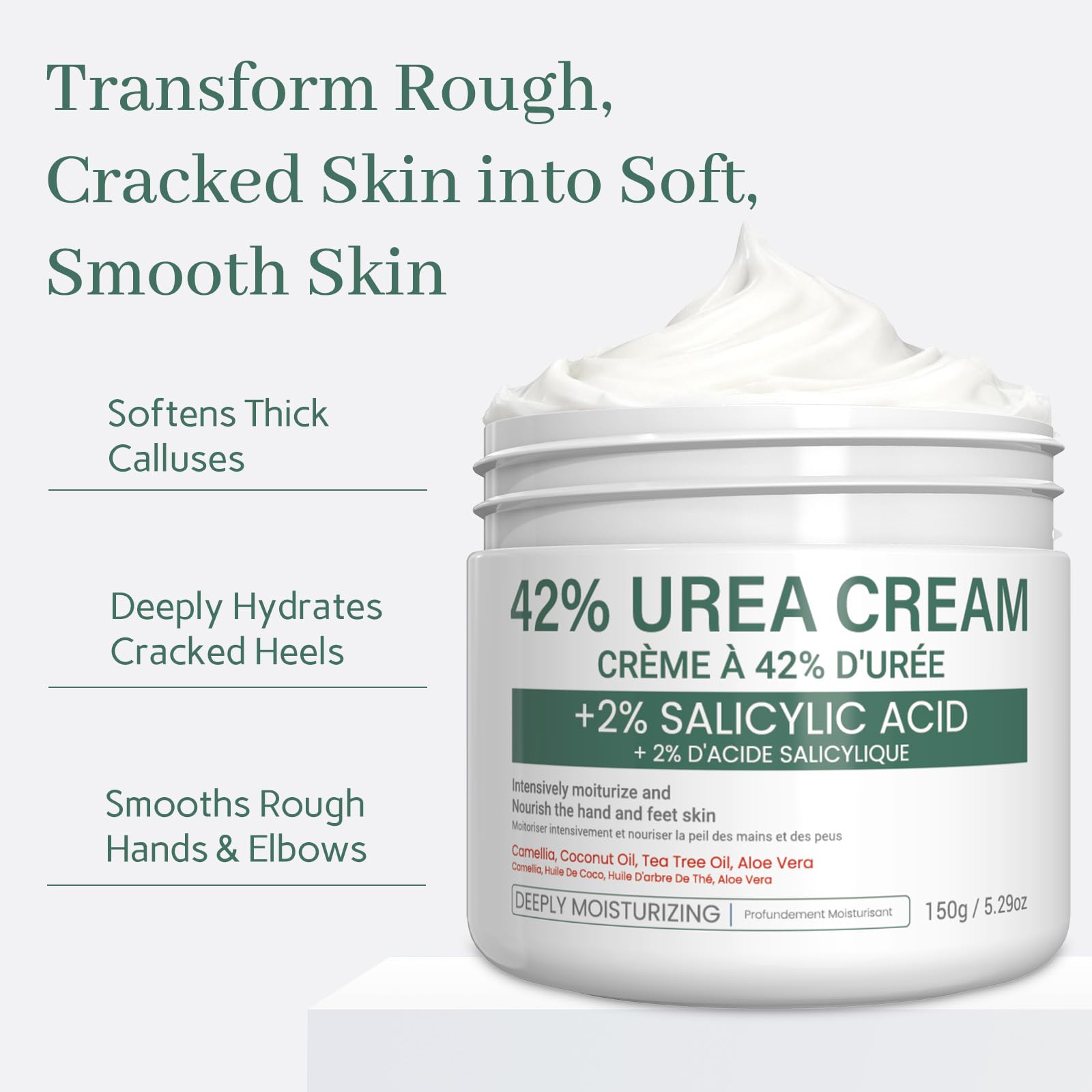 Urea Cream 42% - 2% Salicylic Acid Foot & Hand Moisturizer, 150g with Tea Tree Oil, Aloe Vera & Coconut Oil, Non-Greasy Daily Care for Men & Women (green) — view 7
