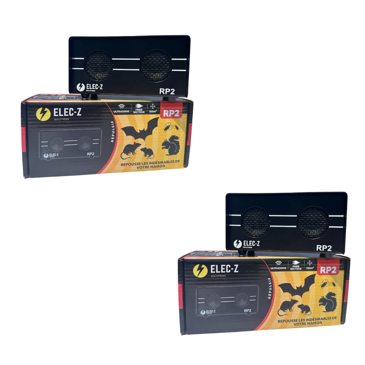 LOT 2 x RP2 Répulsif Ultrasons Anti Rongeurs Rats Souris Chauve Souris Puces Tiques Araignées sur 325m2