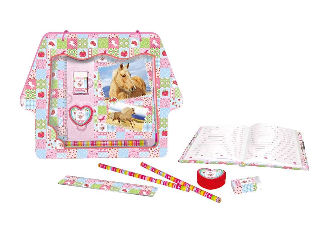 Atoz Horse-Themed Stationery Set for Girls, Diary with Pencils and Accessories, Pink Patchwork Design