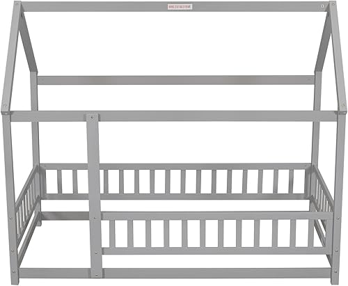 Miniatura 36 de i-POOK Cama Montessori de tamaño individual para niños, marco de cama Montessori con barandillas en forma de valla y puerta, marco de cama de