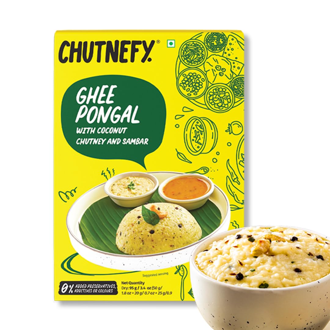 Chutnefy Ghee (Ven) Pongal (With Coconut Chutney & Sambar) Meal Pack | 100% Natural | Pack of 1 * 95gms (Dry) | Add Boiling Hot Water to make 170ml | 1-2 Servings | No Preservatives | Instant Meal