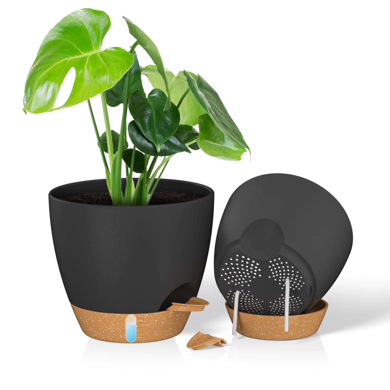 ZMTECH 25 cm Plant Pots with Drainage Holes Saucer Self Watering Planters with Watering Inlet Plastic Flower Pot for Indoor Outdoor Plants (Set of 2, Black)