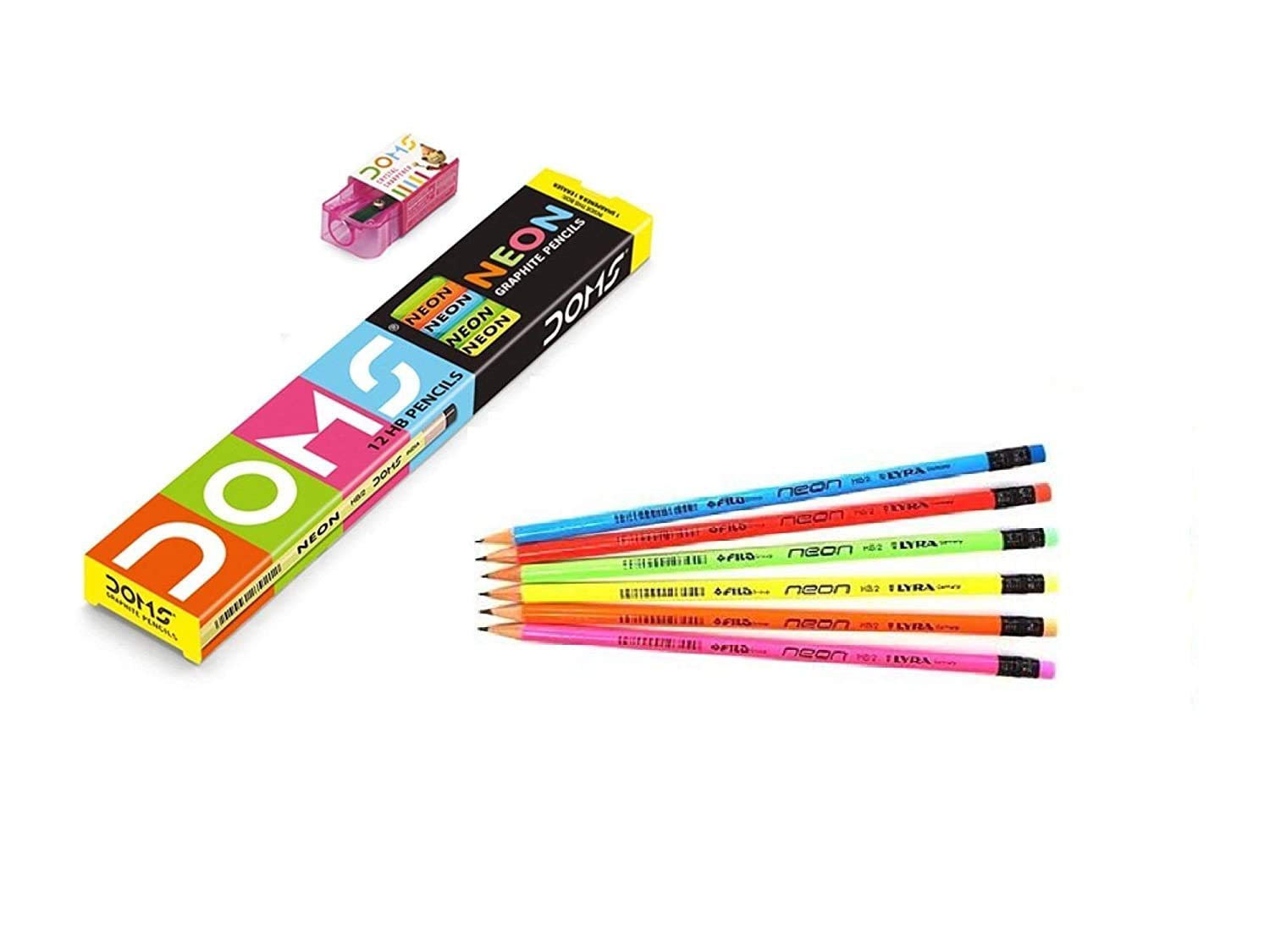 Doms Neon Rubber Tipped HB/2 Graphite Pencils Box Pack NonToxic