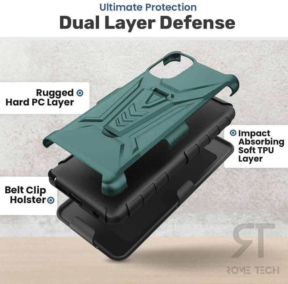 Rome Tech Belt Clip Holster Case for Samsung Galaxy A13 5G [SM-A136] Dual Layer Shockproof Cell Phone Cover with Kickstand - Heavy Duty Galaxy A 13 5G Phone Case with Clip On - Dark Green