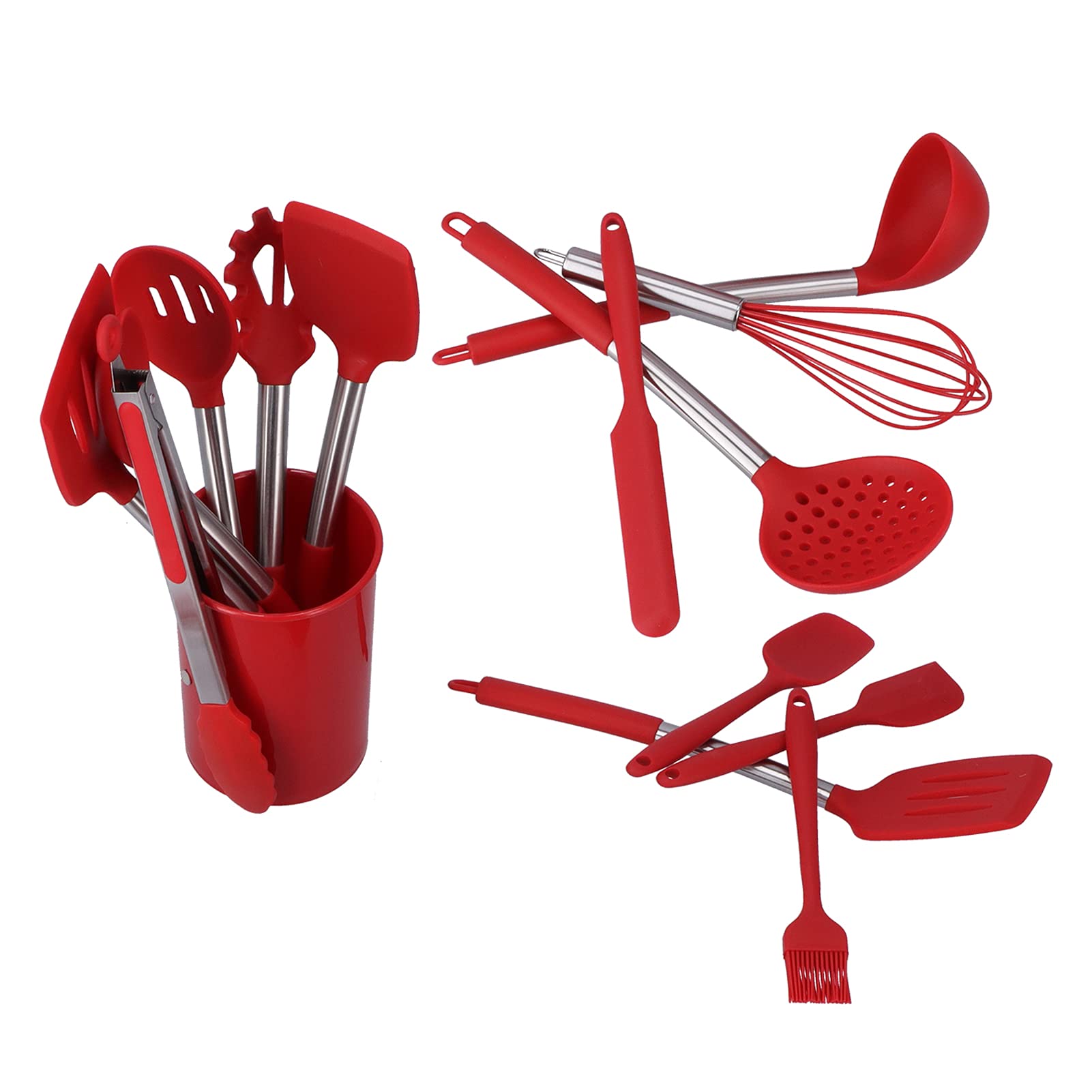 15-teiliges Silikon Küchenutensilien Set mit Edelstahlgriff, Pfannenwender, Schöpflöffel, Kochlöffel, Küchenhelfer für die tägliche Küchenarbeit (all red)