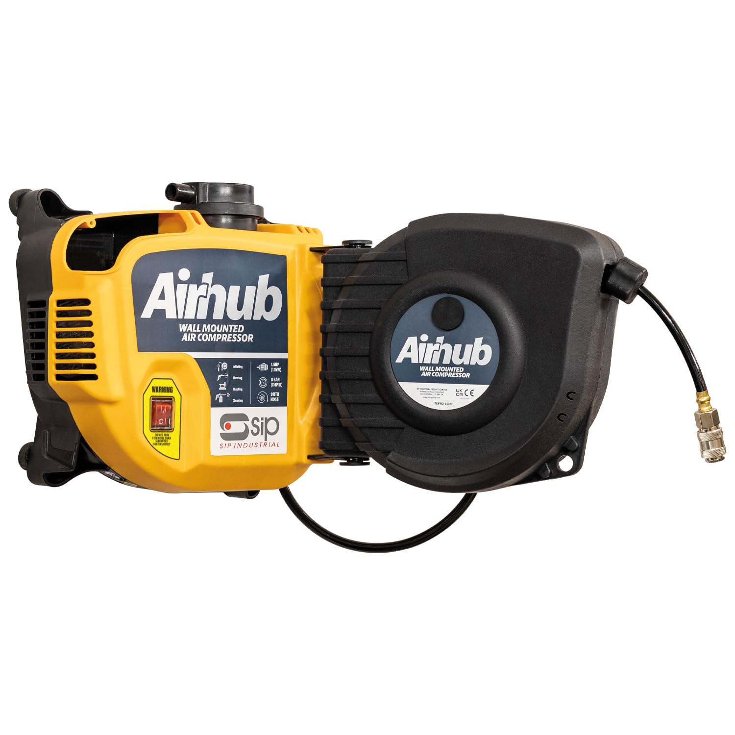 SIP AirHub Wall-Mounted Air Compressor with Hose Reel, Oil-Free Direct Drive 1.5hp 116psi, 9m Retractable Hose & 5pc Air Kit