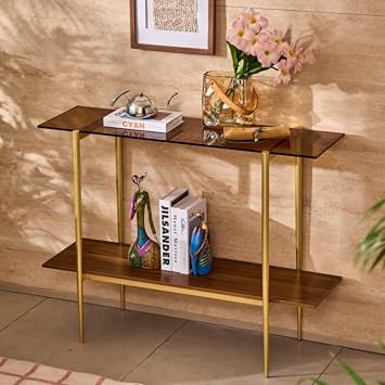 Glass Console Table for Living Room, Foyer & Entrance, 2-Tiers Mid-Century Modern Sofa Table with Amber Glass Top, 41" D x 14" W x 31.5" H, Walnut Finish Wood Shelf and Gold Finish Frame