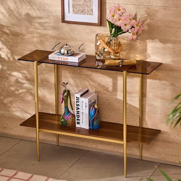 Glass Console Table for Living Room, Foyer & Entrance, 2-Tiers Mid-Century Modern Sofa Table with Amber Glass Top, 41" D x 14" W x 31.5" H, Walnut Finish Wood Shelf and Gold Finish Frame by Shrine - Used condition - US$85.49
