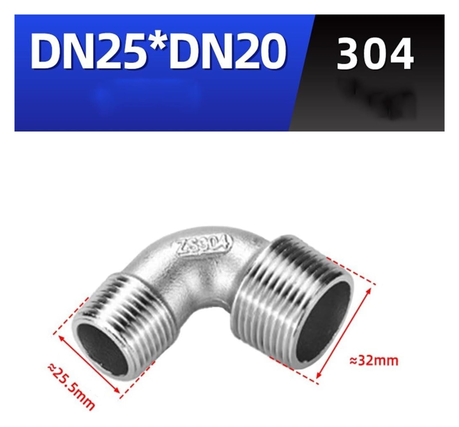 Accesorios de tubería de acero inoxidable fundido acero inoxidable, codo de acero inoxidable de 90°, DN10 x DN8 DN25 x DN20 macho x macho de 90 grados, conector de acople de codo 304 (Dn25 x 20)