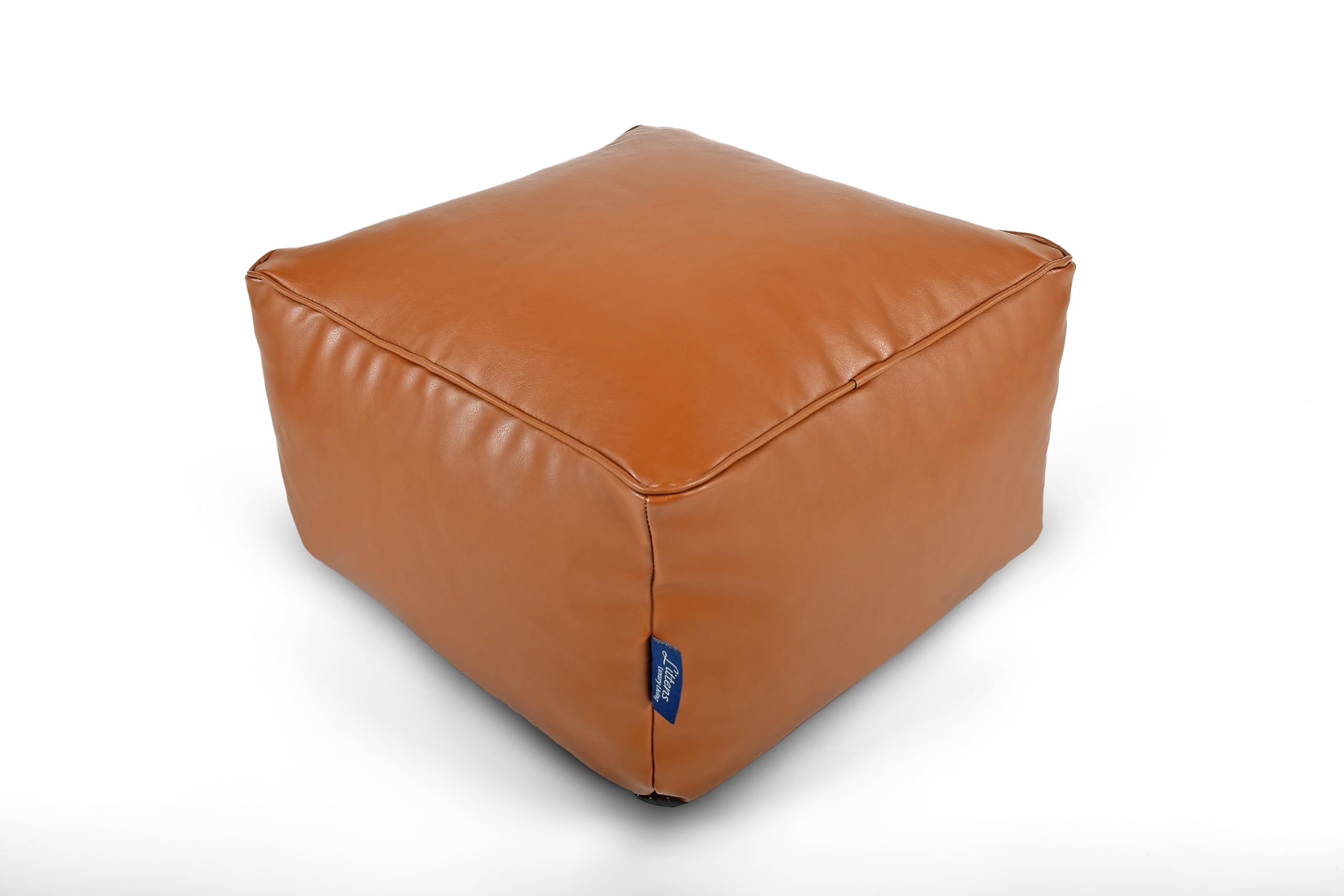 Littens Tan Brown Soft Faux Leather Square Footstool Ottoman Pouffe Bean Bag, Living Room Decorative Low Seat (45cm x 45cm x 25cm)