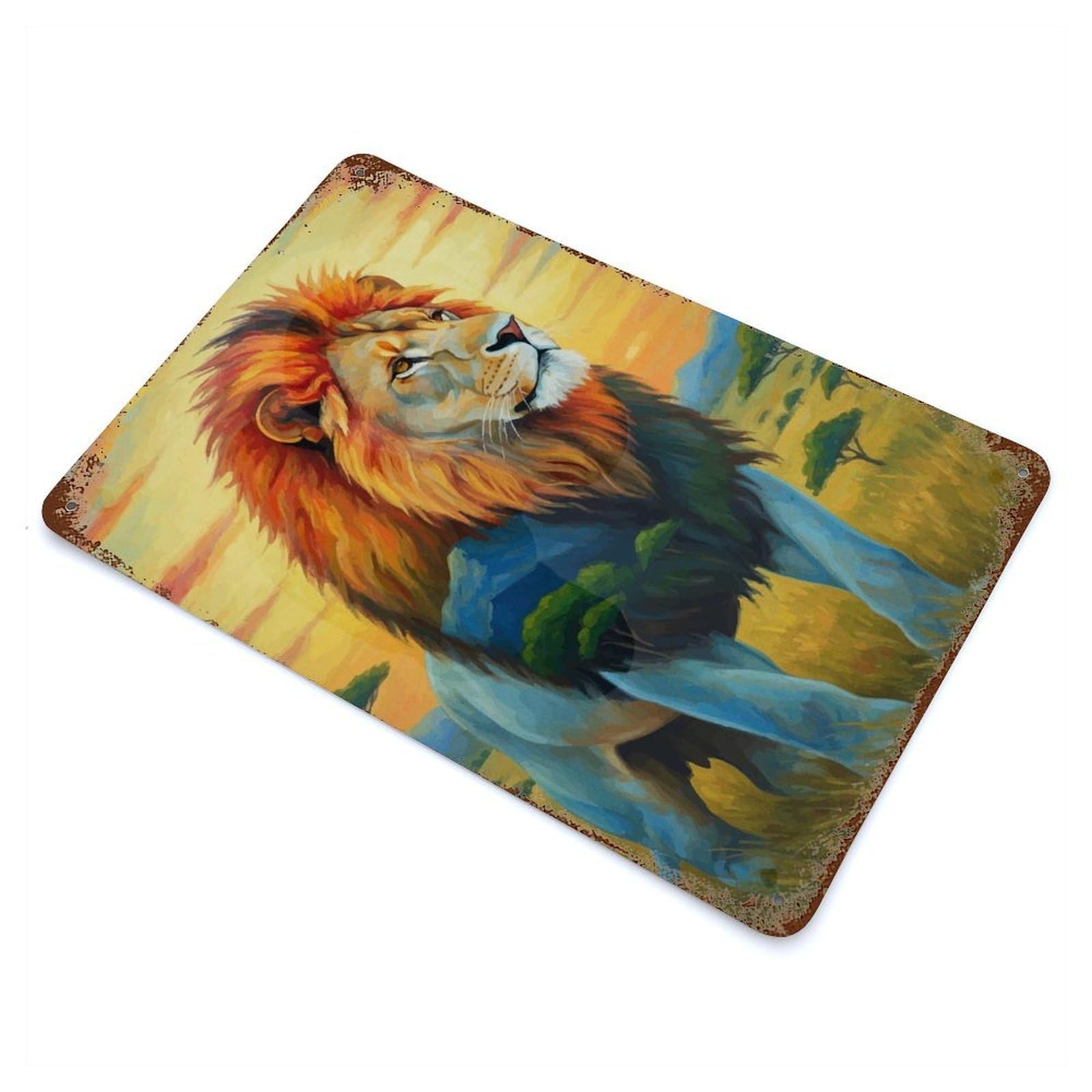 Majestic Lion African Landscape Rusty Metal Tin Sign 11.8"x7.9", Classic Wall Plaque for Pub, Kitchen And Man Cave Decor