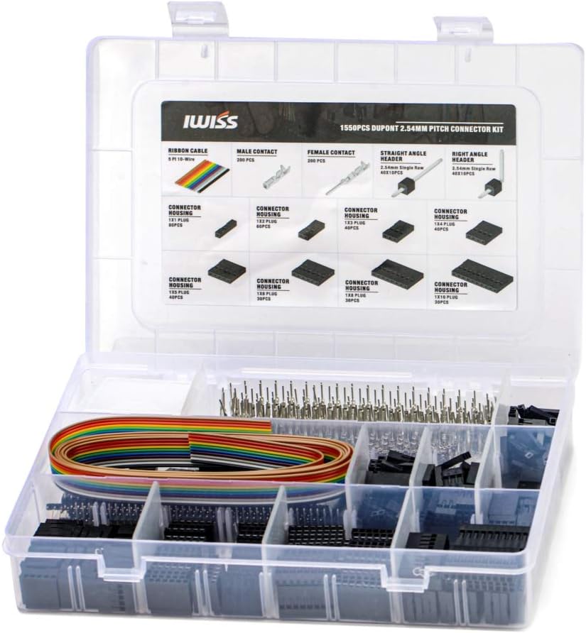 IWISS 1550PCS 2.54mm Pitch Wire-to-Wire Dupont Connector Kit, includes Pin Headers, Jumper Wire, Crimp Pins for RC Servo, Arduino, SMT, SATA, EPS, PCIE, Battery Balancer