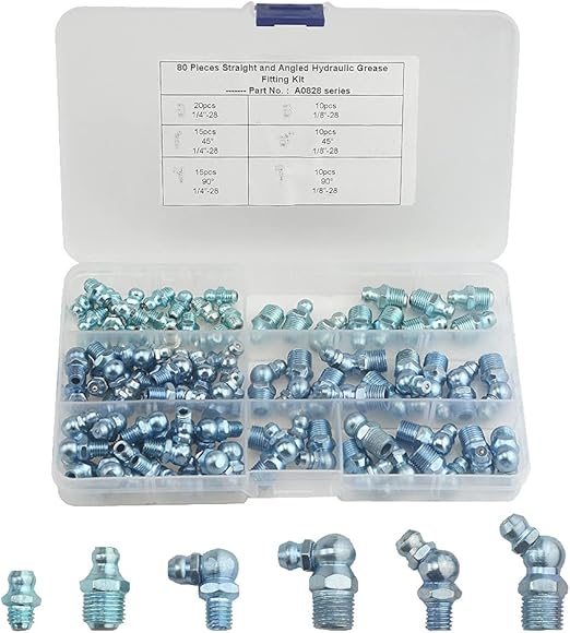 WMYCONGCONG 80 PCS Hydraulic Zerk Grease Fitting Assortment Kit SAE Standard including Straight, 90 Degree, 45 Degree Angled Grease Fittings for Replacing Missing or Broken Zerk Fitting