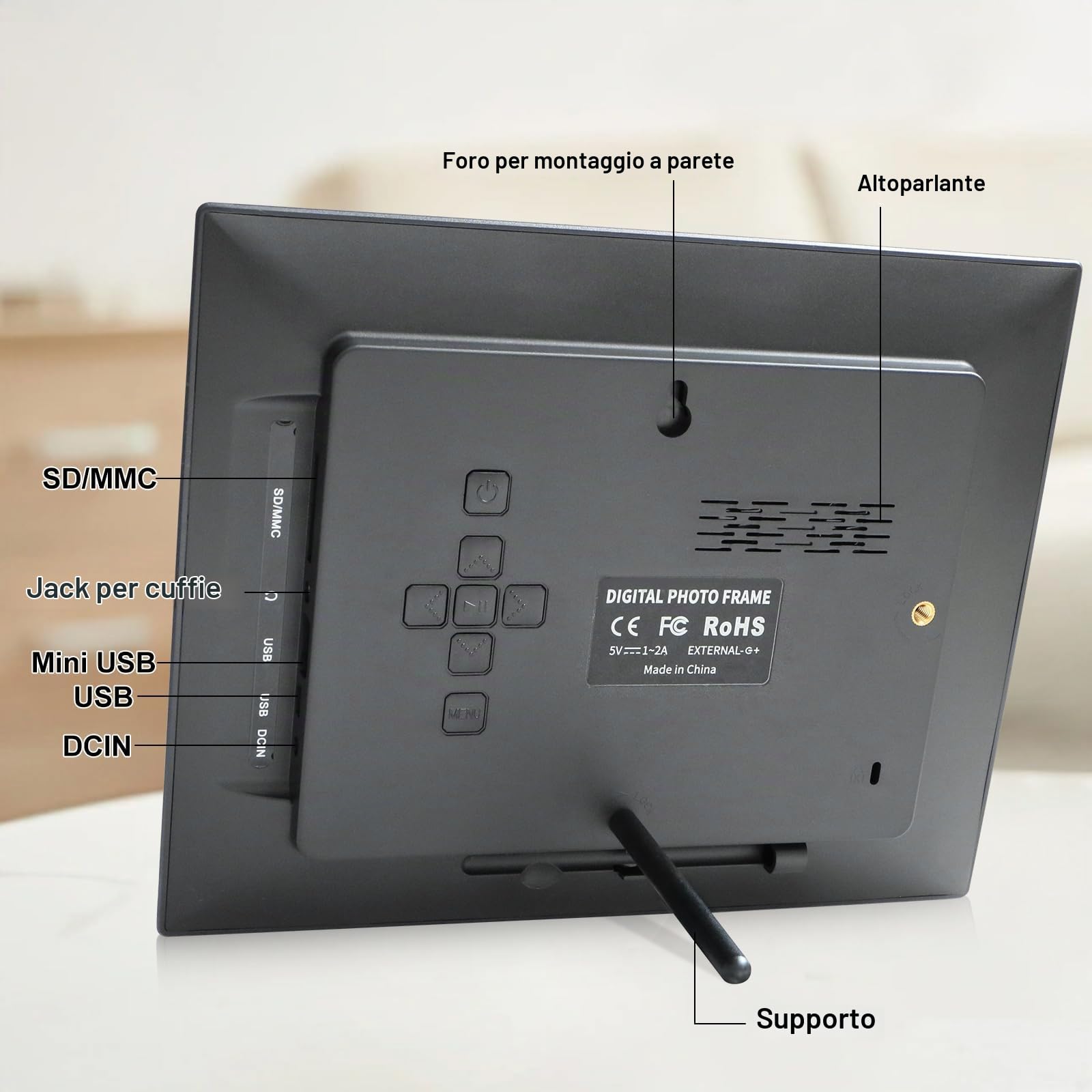 TSITSC Cornice digitale da 8,7 pollici, schermo IPS 1024 x 768, cornice elettronica, calendario/funzione orologio/musica/lettore foto/video con telecomando, supporta scheda USB/SD (nero)