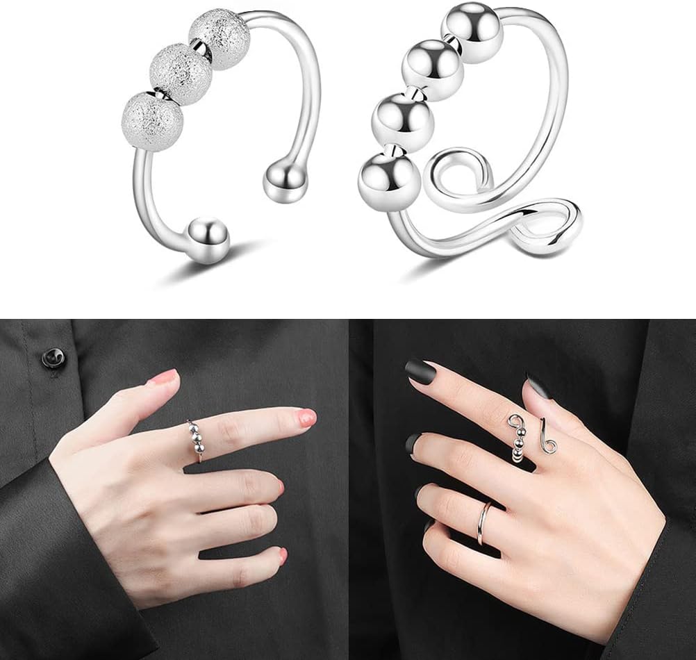 ZHOUJIE 5pcs Spinner Rings Women Men Spinner Fidget Rings Anxiety Adjustable Cubic Zircon Flower Butterfly Sunflower Bead Stress Relief Stackable Ring Set image 4