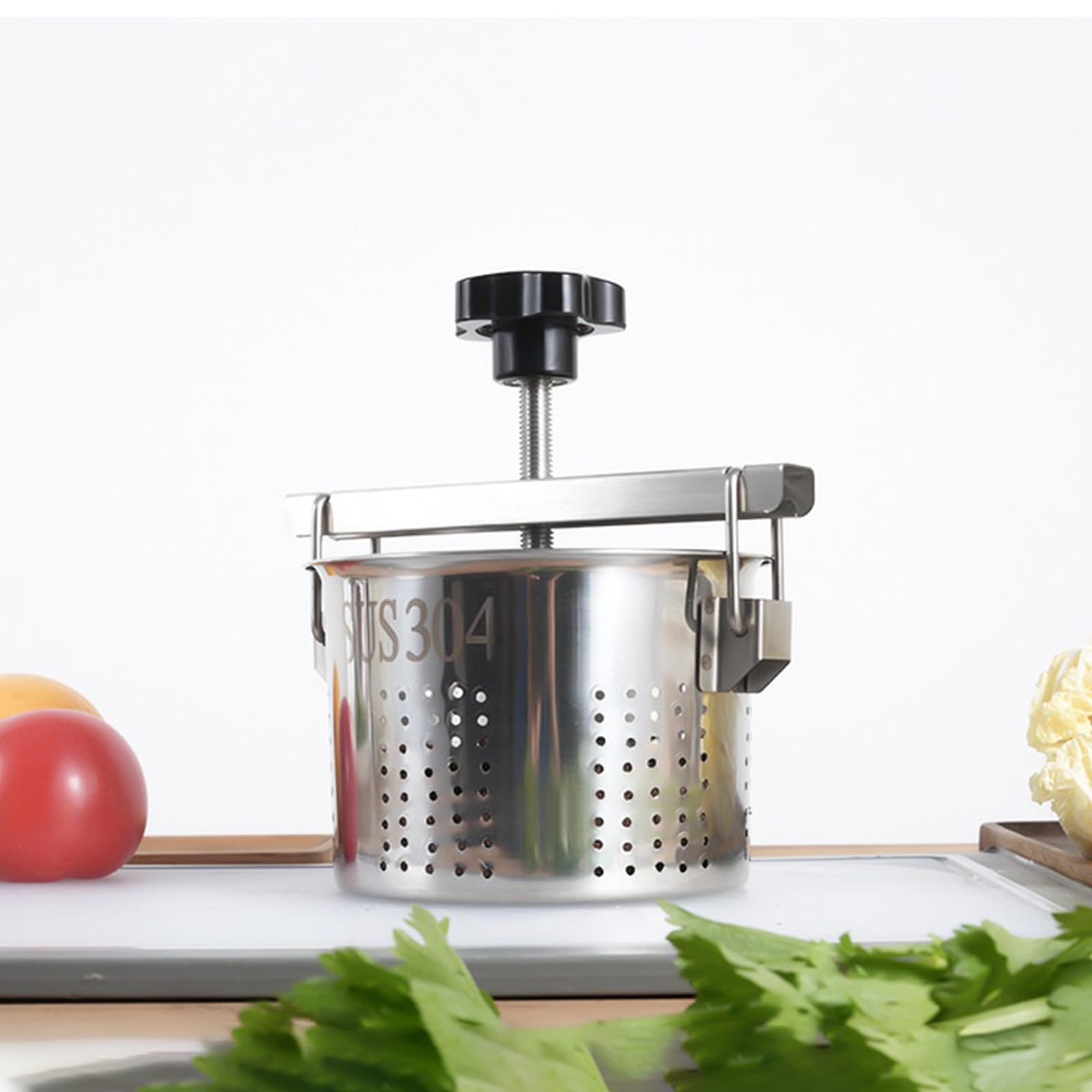 Herramienta de drenaje de frutas y verduras de acero inoxidable, exprimidor de relleno para cocineros caseros y restaurantes, herramienta de prensa de verduras