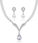 Pearl Jewelry Set for Women, Imitation Pearl Choker Necklace Bracelet Earrings Jewelry Set Bride Wedding Jewelry Set Guest Dresses Jewelry Birthday Gifts for Mom Wife