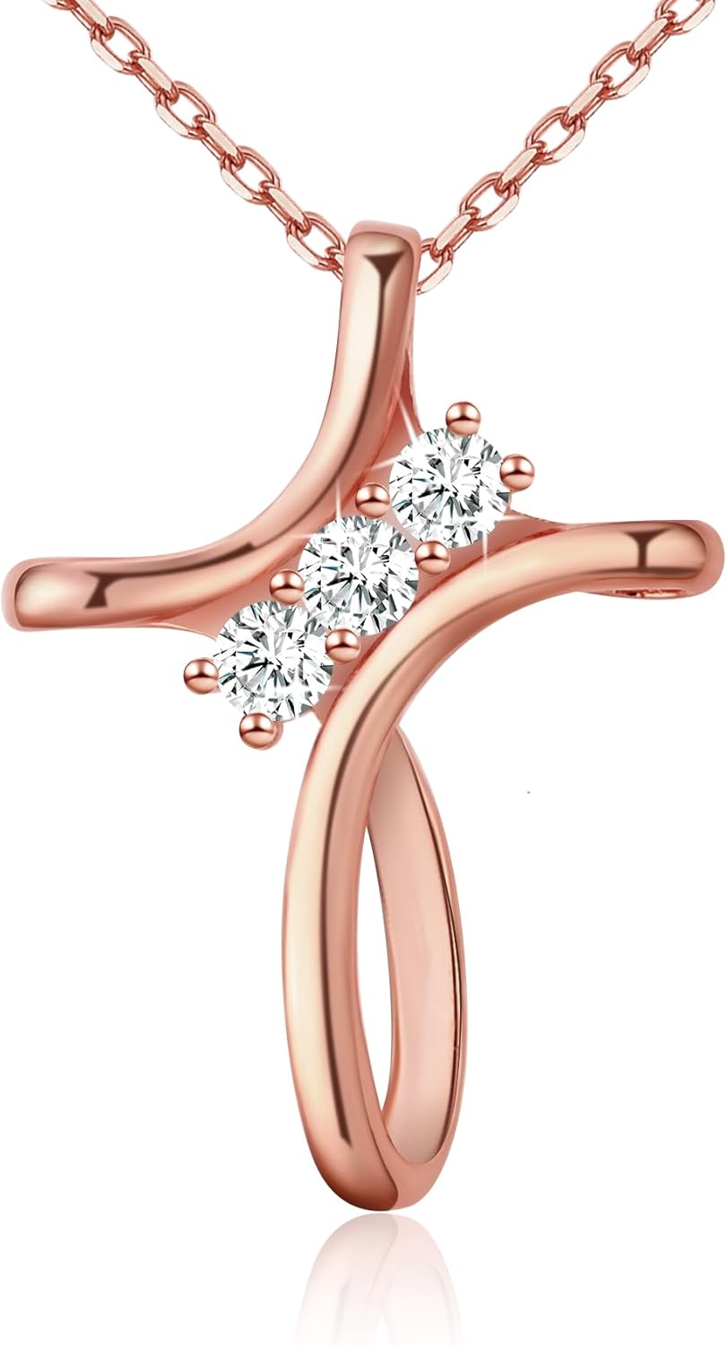 Cross Necklace for Women, 925 Sterling Silver 18K Gold Plated Diamond Necklace for Women, Cross Pendant with 3 Stone 5A Cubic Zirconia, Birthday Christmas Jewelry Gifts for Women Her, 20 Inches