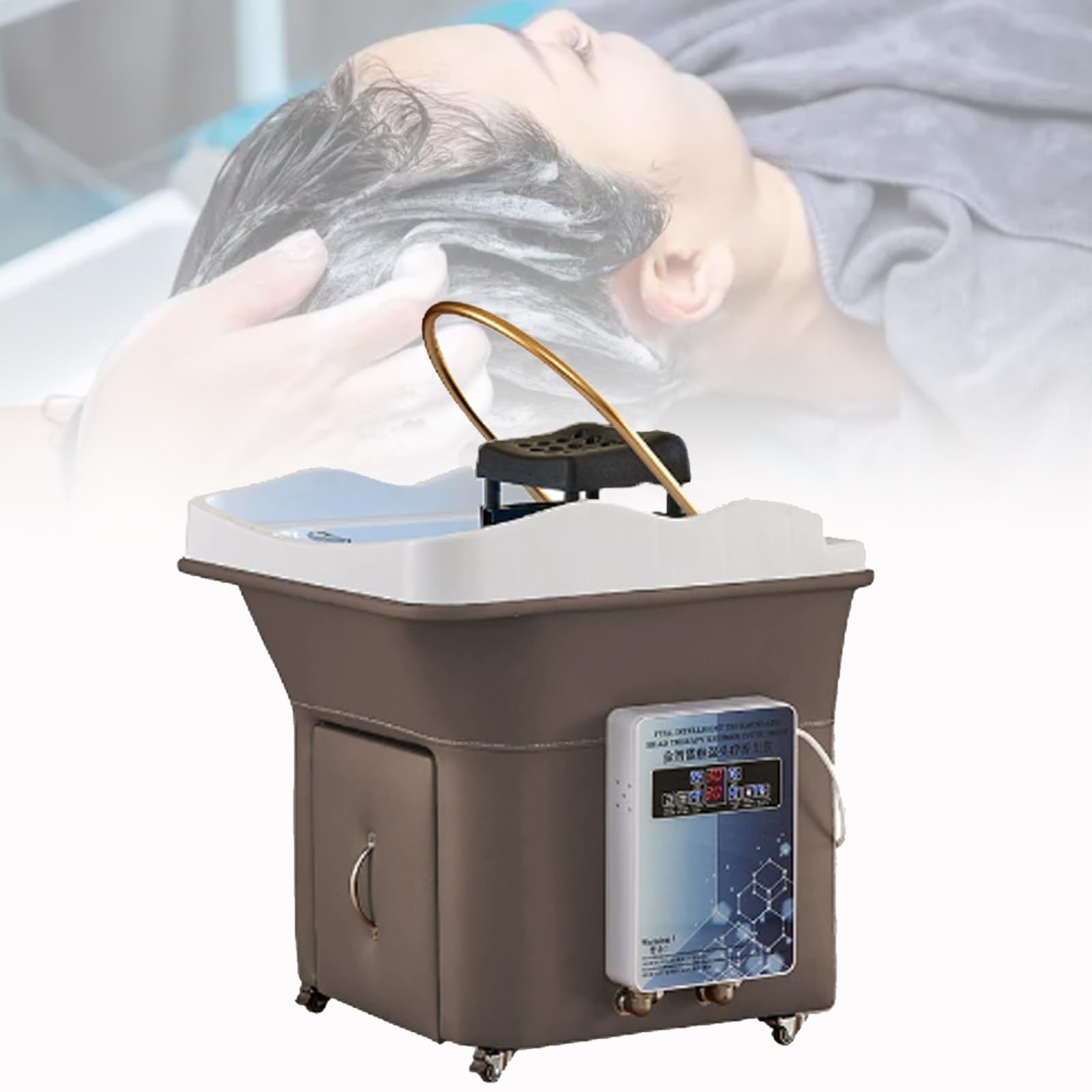 Unidad termostática portátil de lavado de cabello con lavabo móvil sobre ruedas para mayor comodidad en el cuidado de la cabeza, spa y terapia