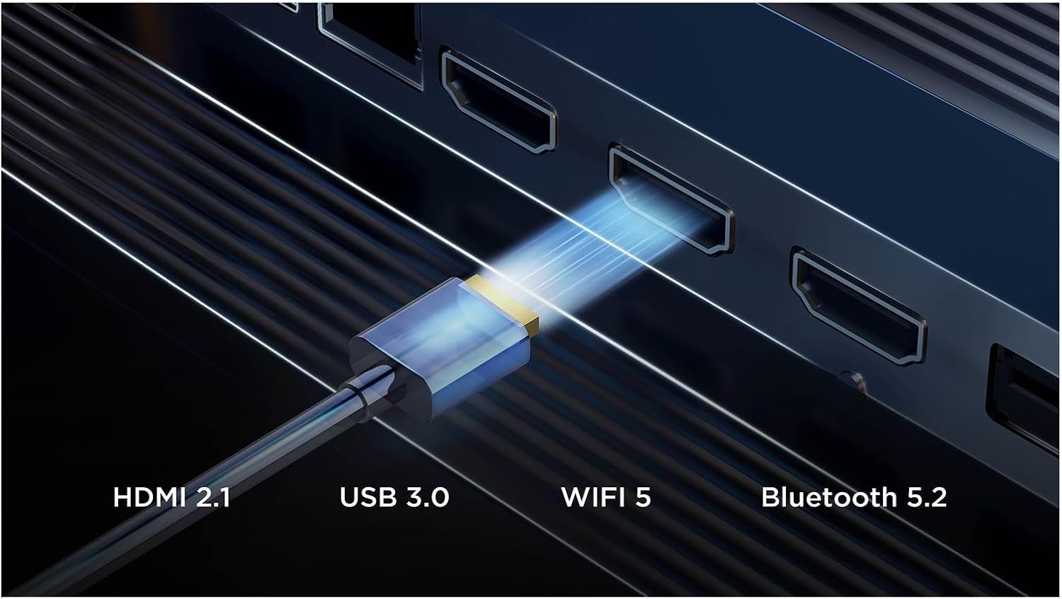 Diagram illustrating HDMI 2.1, USB 3.0, WiFi 5, and Bluetooth 5.2 connectivity options for the TCL TV.