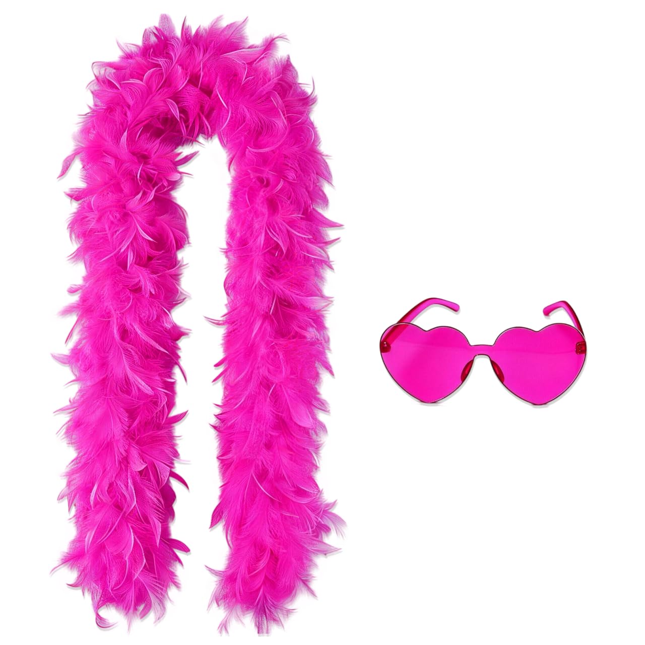 Mdlooin Hot Pink Feather Boa 2m (6.6ft) with Heart Rimless Sunglasses, Soft Turkey Feather Scarf for Women – Party Costume Accessory for Dancing, Weddings, Hen Parties, Halloween, Christmas, Cosplay