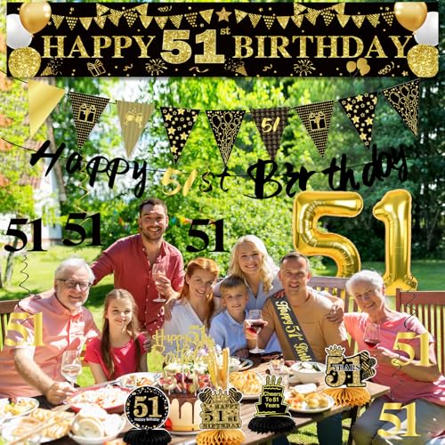 Image of 51st Birthday Decorations for Men, Black Gold 51st Party Decoration Kits | 27pcs Happy 51st Birthday Set, Banner, Honeycomb, Balloons, Gold Number, Candle, Hanging Swirls, Cake Topper, Party Supplies