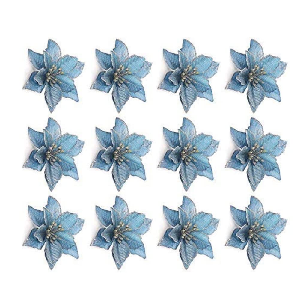 Christmas Glitter Poinsettia Flowers Tree Decorative Flower Wedding Ornament 13cm 12PCS Blue.