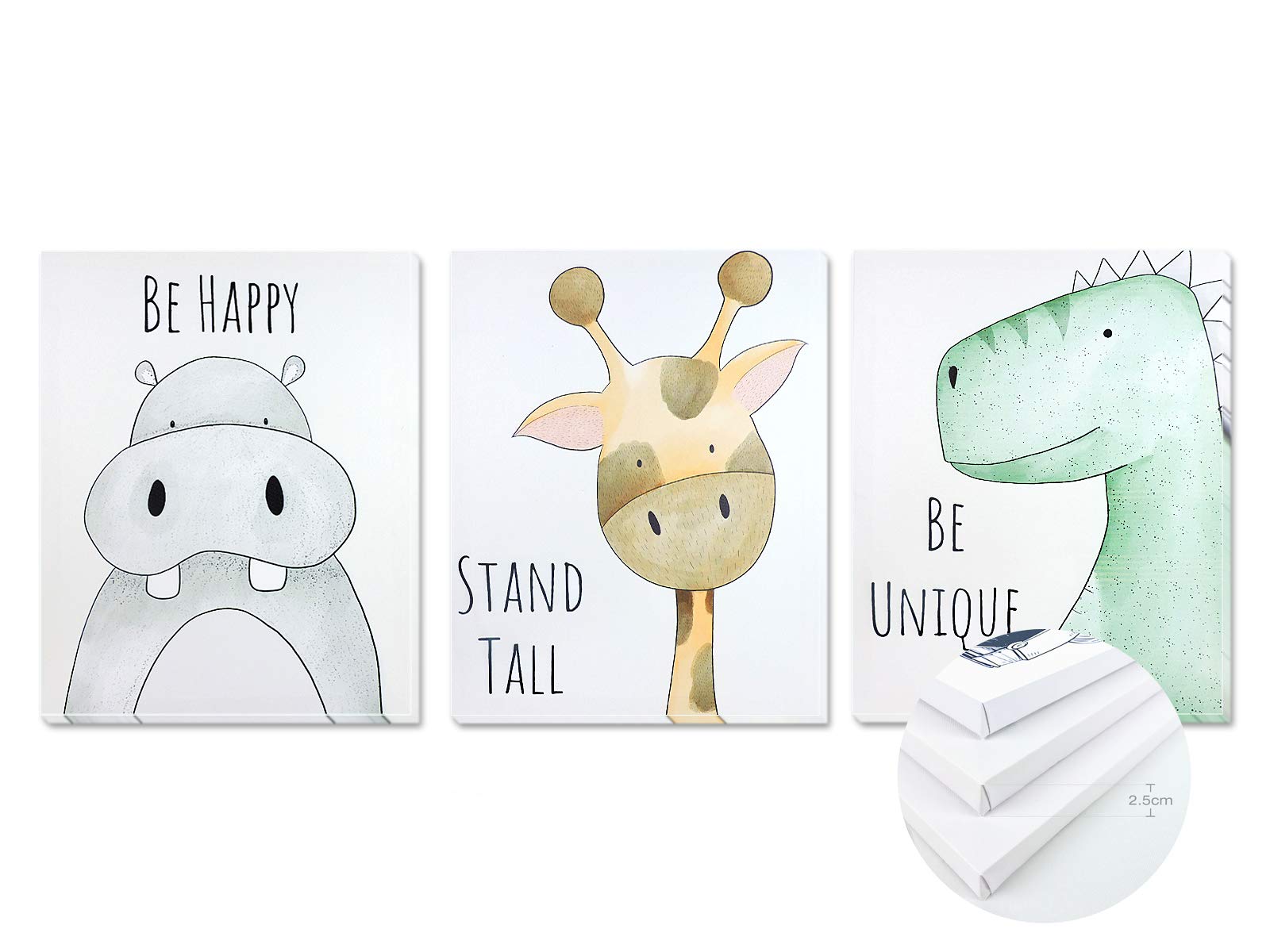 Cuadros Infantiles de Lienzo Impreso con Bastidor para decoración Pared habitación Dormitorio niños - Pack tríptico 3 Cuadros con Bastidor Madera tamaño 40x50cm (Be Happy)