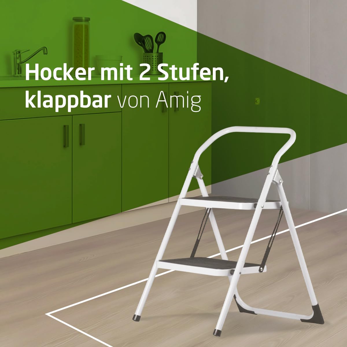 Amig – Klappleiter – Stahlhocker mit 2 rutschfesten Stufen – Maße: 77 x 59 x 48 cm – Maximale Belastung: 150 kg – Weiß Mit schwarzen Protektoren – Für den professionellen und privaten Gebrauch