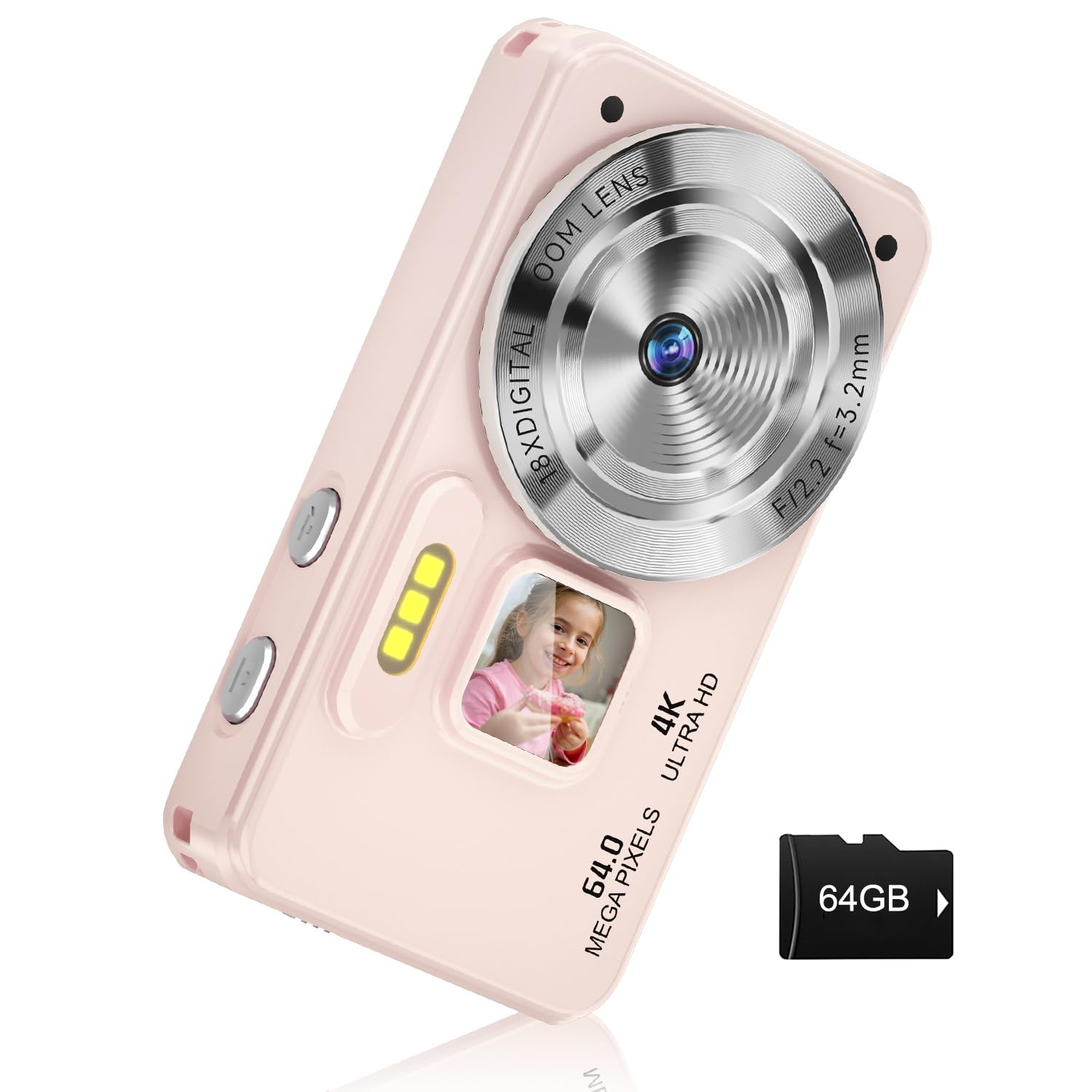 digital camera, autofocus 4k 64mp point and shoot digital cameras for teens with 64gb card, 18x zoom anti-shake compact video camera for student kids boys girls beginner - pink