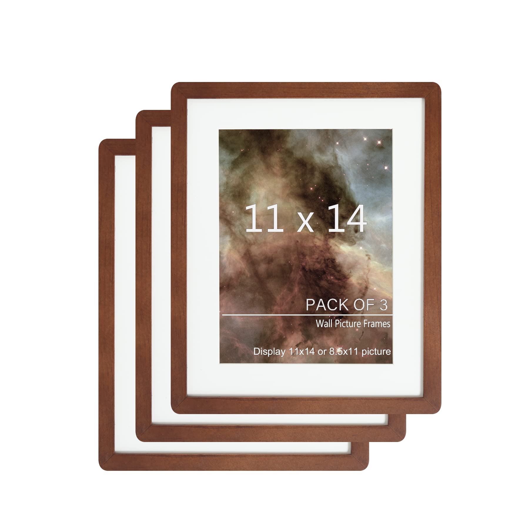 11x14 Picture Frame,Solid Wood,3 Pack Photo Frames, Display Pictures 8.5x11 with Mat or 11x14 Without Mat, Gallery Wall Photo Frames-Brown