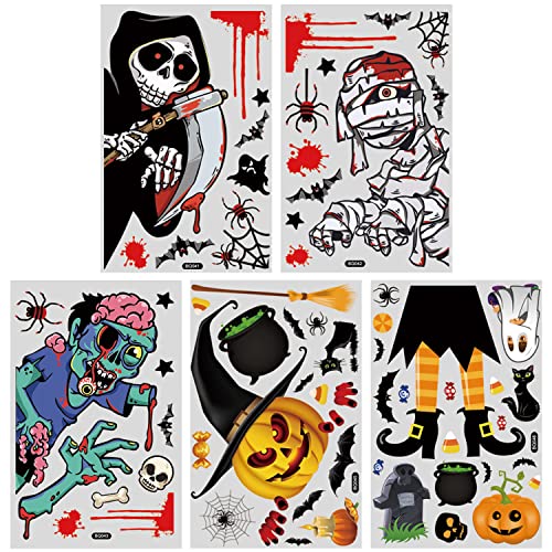 Runstarshow Halloween Fenêtre Autocollants 5PCS Stickers Chauve-Souris Citrouille Sorcière Fantome Zombie DIY Fournitures Festivales Accessoires pour Intérieur Extérieur Maison Bar Cover
