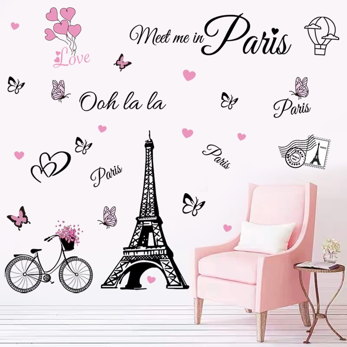 Paris Wall Stickers Eiffel Tower Vinyl Decals Removable Self-Adhesive Balloon Stickers Wall Decal for Girls Bedroom Living Room Sofa Backdrop TV Background