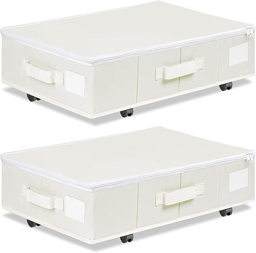 Under Bed Storage with Wheels, Rolling Under Bed Storage Containers with Label Holders for Clothes, Shoes and Blankets, Underbed Storage Organizer