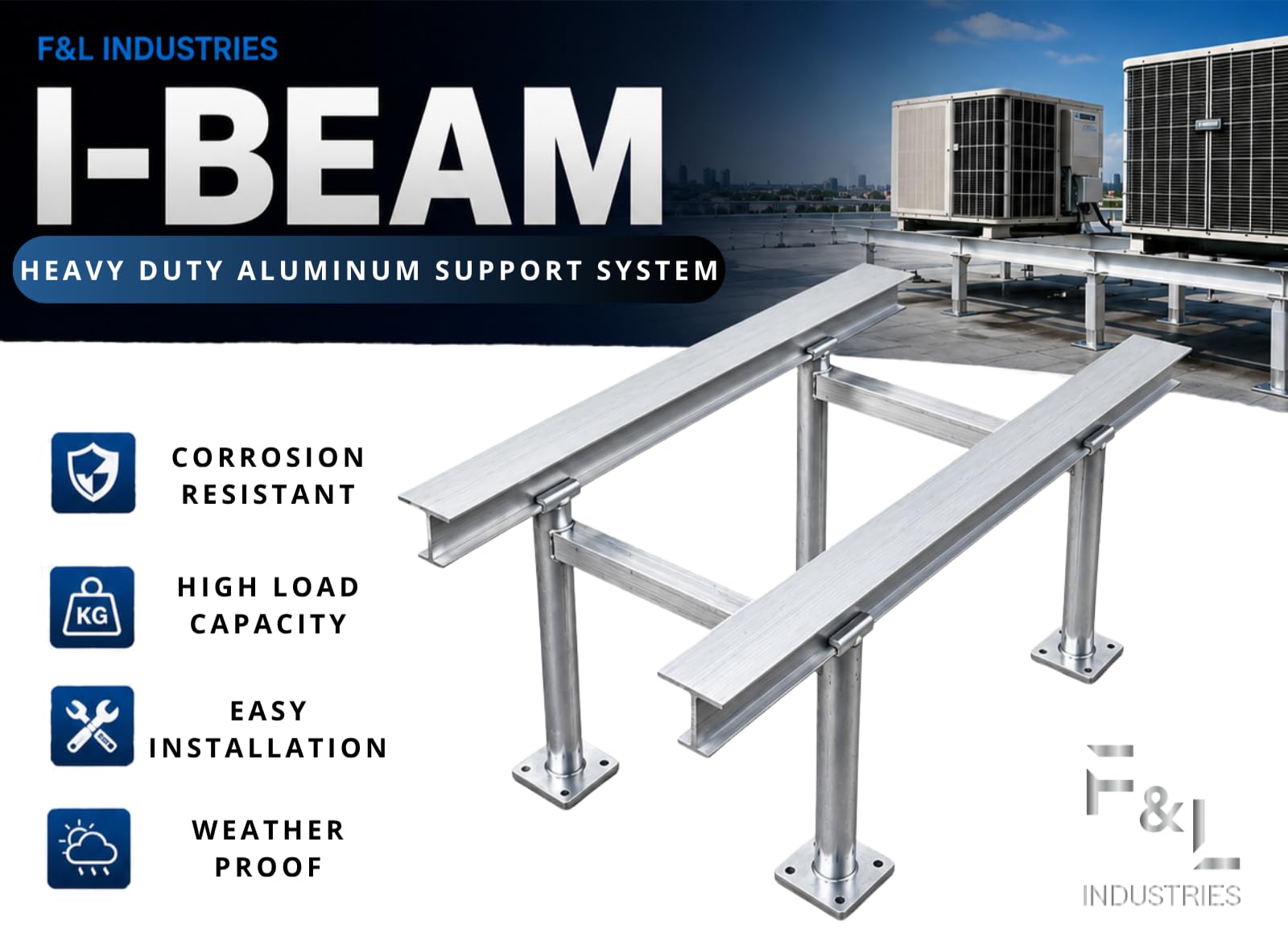 F&L I-Beam in alluminio - lega 6061, guida di supporto strutturale da 91,4 cm per gambe di supporto A/C, progettata per l'approvazione del codice edilizio (approvato dal codice edilizio Miami-dade e