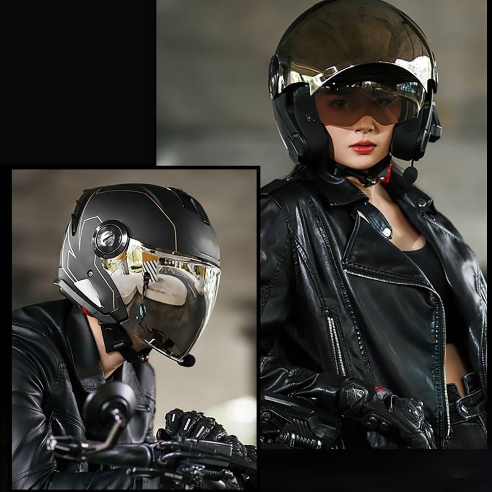 Casco Jet da Moto con Bluetooth Integrato e omologazione ECE/DOT, Casco Jet da Scooter Personalizzato per Donne, Uomini e Adulti con Doppia Visiera F,L=56-57cm