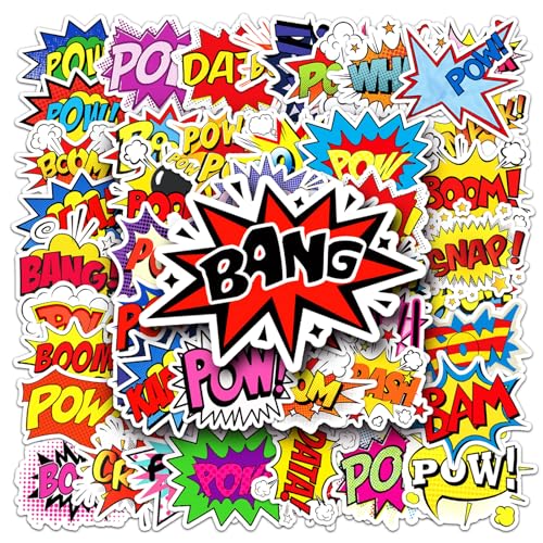 50 PCS Superhero Sign Cutout Stickers Superhero Party Stickers Surprise Sticker for Gift Boom Wow Bang POW OMG Sticker for Water Bottles Loptop Christmas Birthday Party