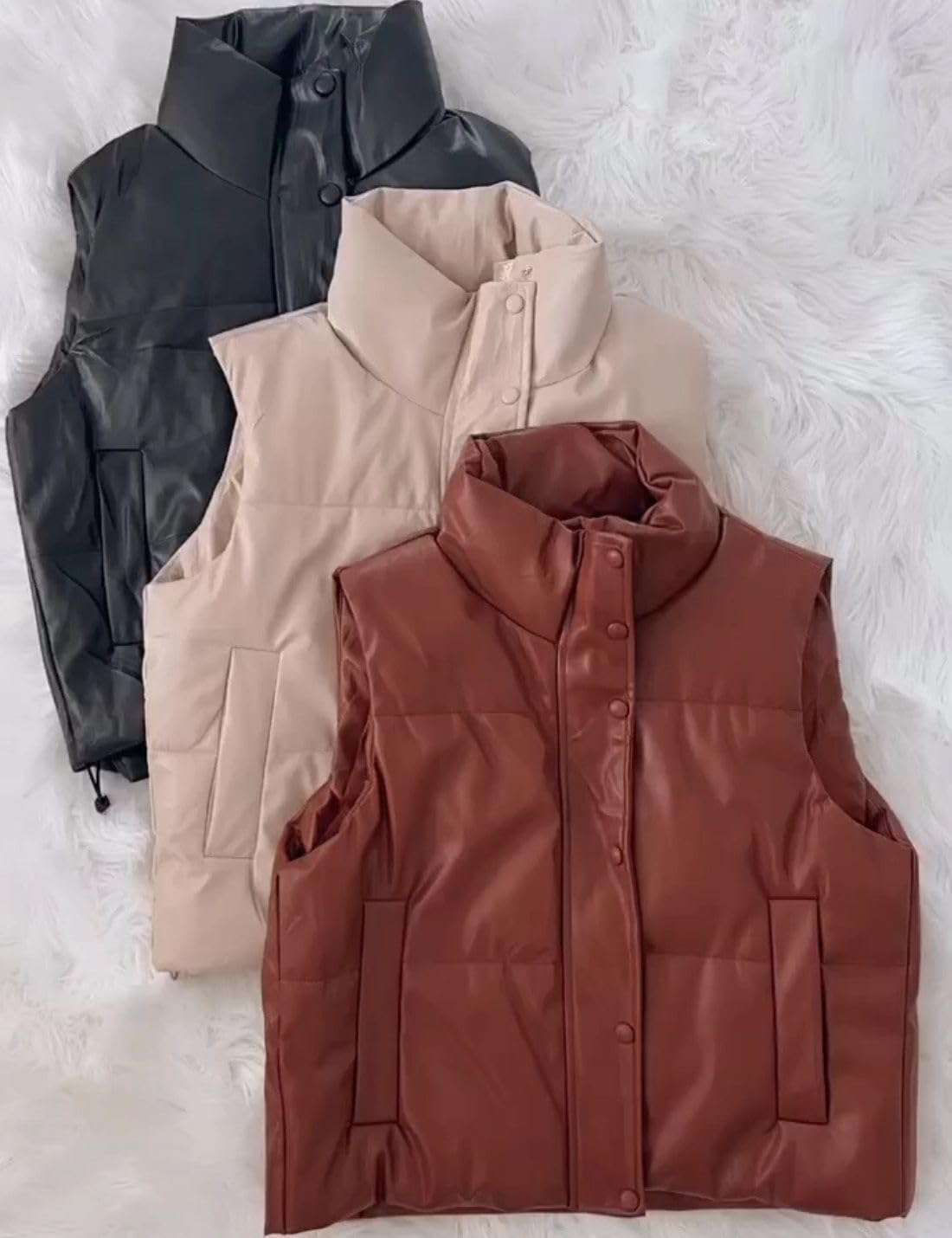 Ailoqing Womens Faux Leather Puffer Vest Zip Up Sleeveless Winter Cropped Jacket