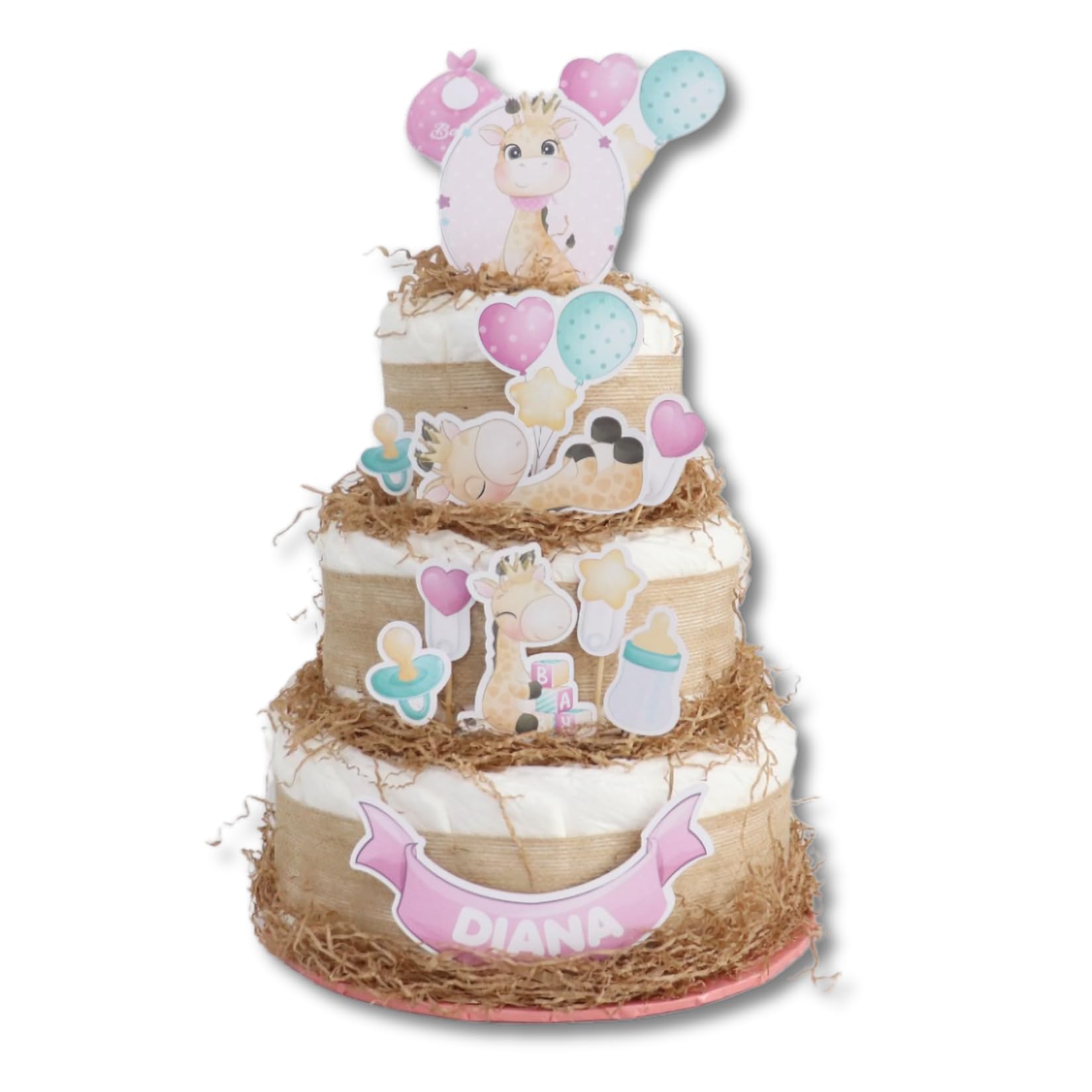 Tarta de pañales 3 pisos modelo JIRAFAS - Regalos para recién nacido - baby shower - TARTAS DE PAÑALES Y MÁS