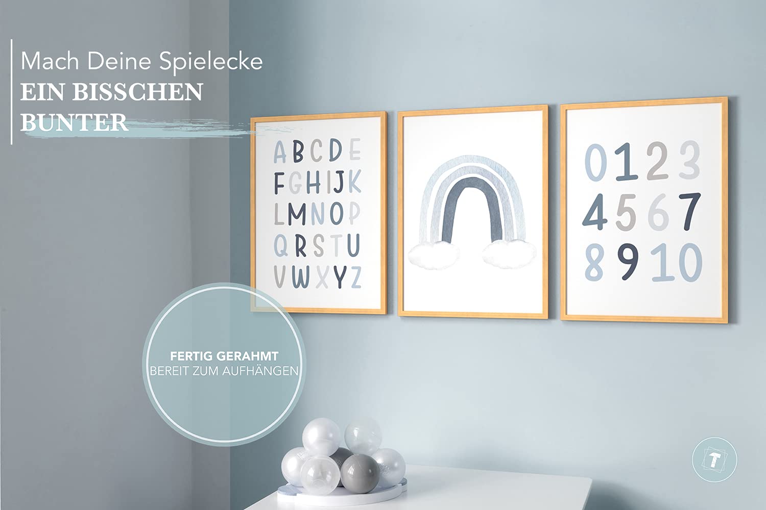 Lot de 3 posters d'apprentissage, A3 (30x42 cm) encadré d'un cadre en bois naturel, cadeau pour garçons chambre d’enfant Préscolaire, lettres de l'alphabet, chiffres ABC bleu arc-en-ciel