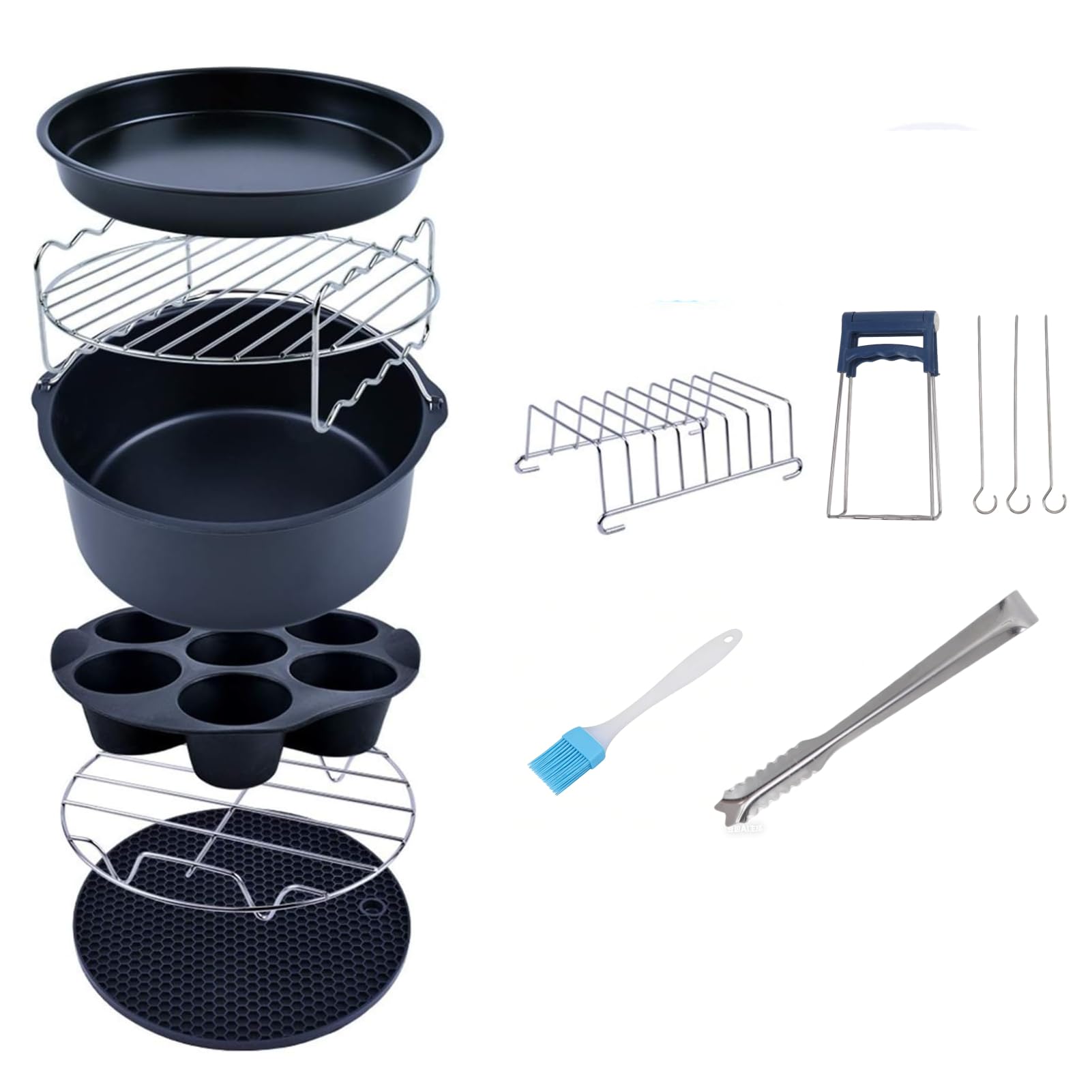 Accessori per friggitrice ad aria, antiaderente, 13 pezzi universali per friggitrice ad aria da 5 Qt e più grandi, teglie per torte e pizza, supporti in metallo, lavabili in (18 cm)