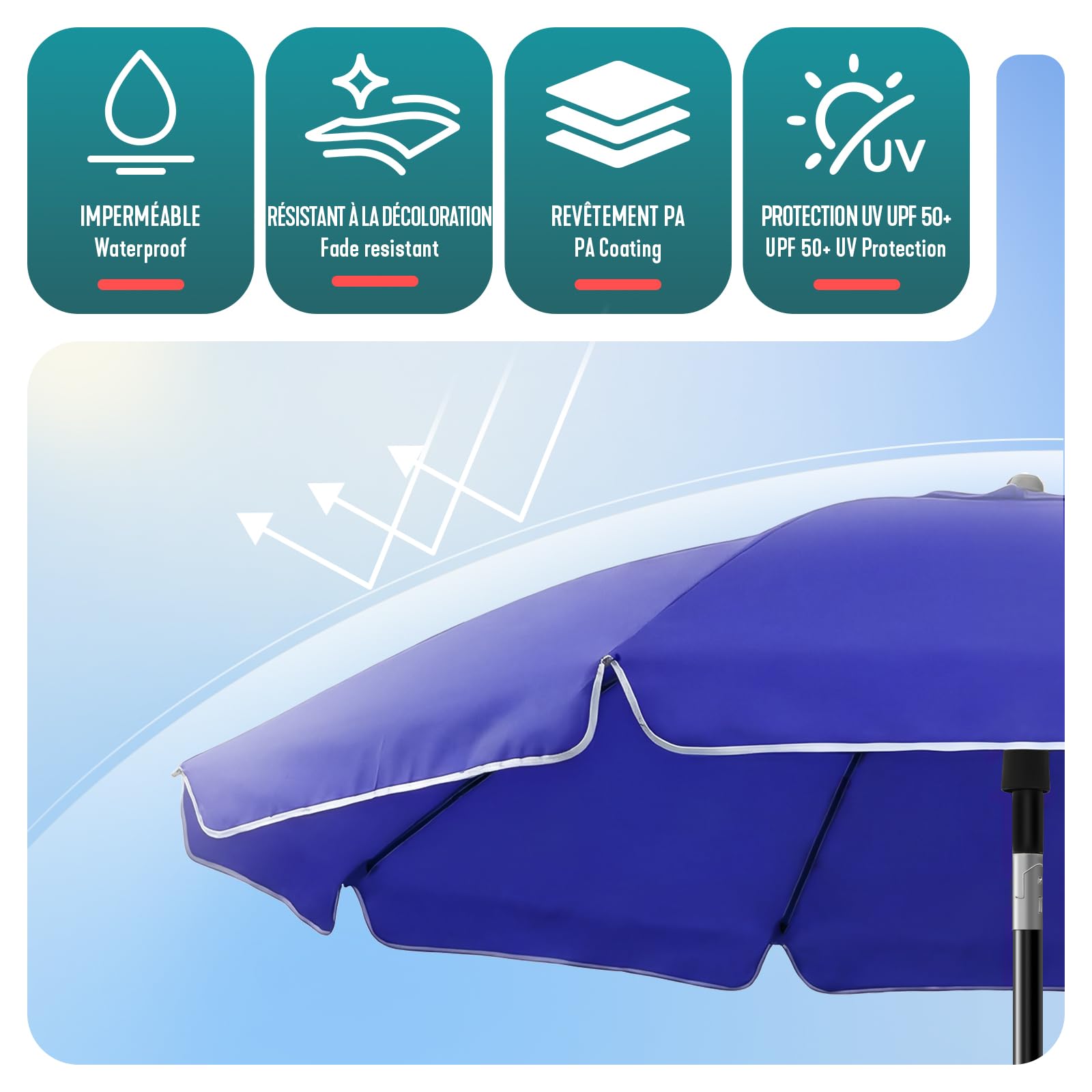 VOUNOT® Sombrilla Playa Grande Ø200cm y Soporte Arena Mástil Inclinable Altura Regulable Protección UV 50+ Parasol con Techo Ventilación Bolsa Transporte para Playa Terraza Balcón Camping Exterior — view 4