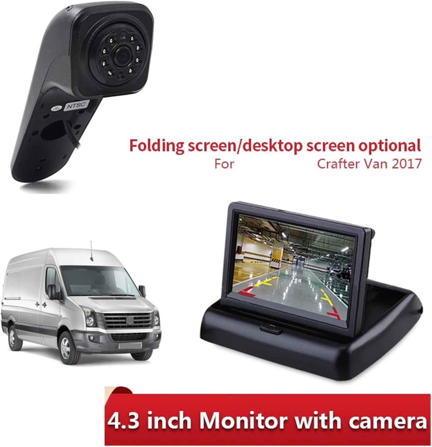 HD Car Brake Light Rear View Camera Compatible with 2017 VW Van IR Led Light 12V with 4.3 Inch Car Display Screen(Stop Light Camera)