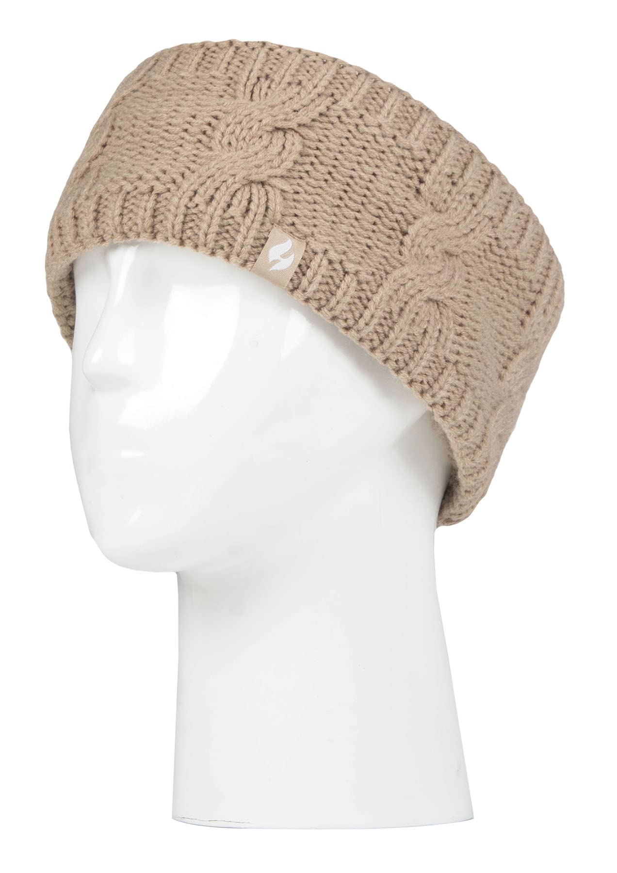 Heat Holders - Ladies Thick Cable Knitted Fleece Lined Thermal Winter Empty Skull Ear Warmer Headband (One Size, Beige) - Image 3