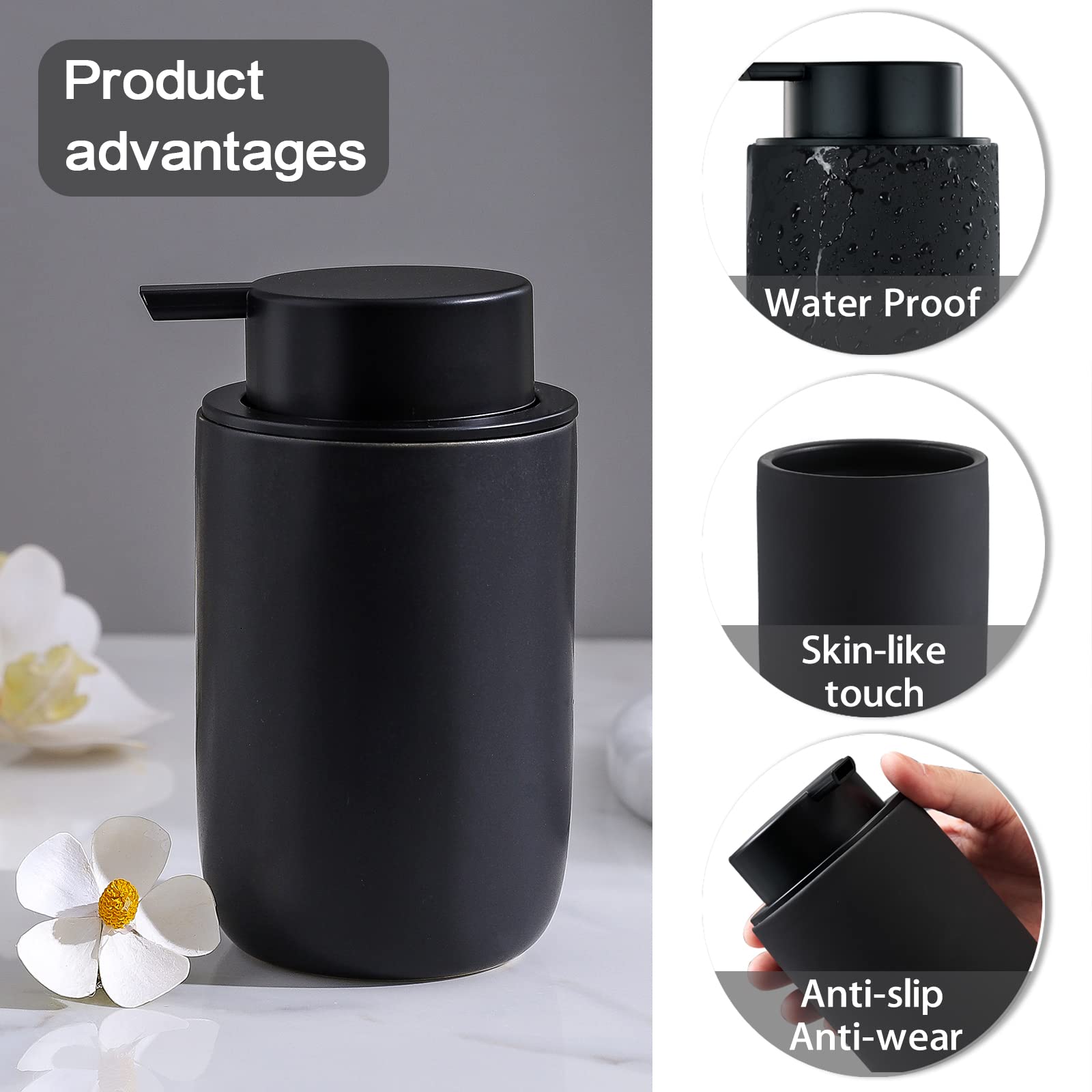 Set di 2 dispenser di sapone in schiuma, dispenser di sapone per le mani in ceramica nera, con pompa nera, per bagno, lavello della cucina, set di accessori da bagno per decorazione moderna della casa